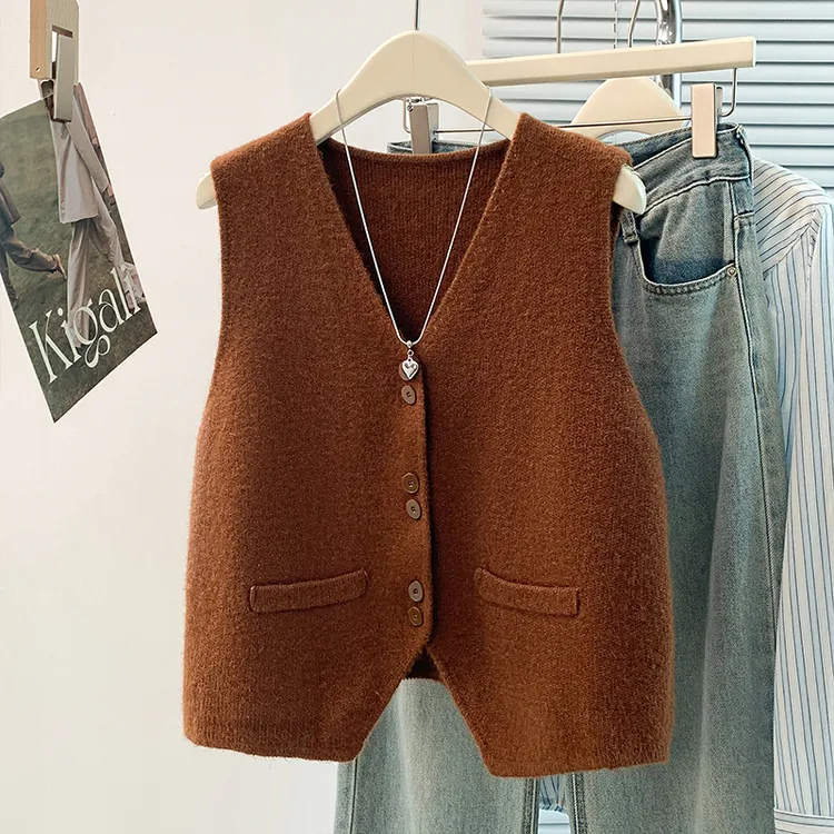 法式气质针织衫马甲背心女秋季宽松大码叠穿开衫软糯毛衣马夹上衣