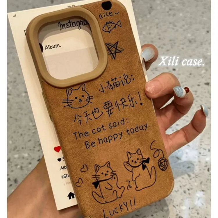 今天也要快乐猫咪翻毛皮适用华为mate70手机壳苹果17vivo小米oppo