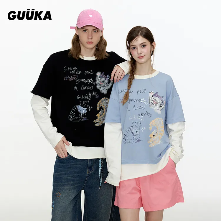 Guuka/古由卡潮牌暴躁猫咪长袖T恤秋季重磅纯棉假两件T6694/T6695