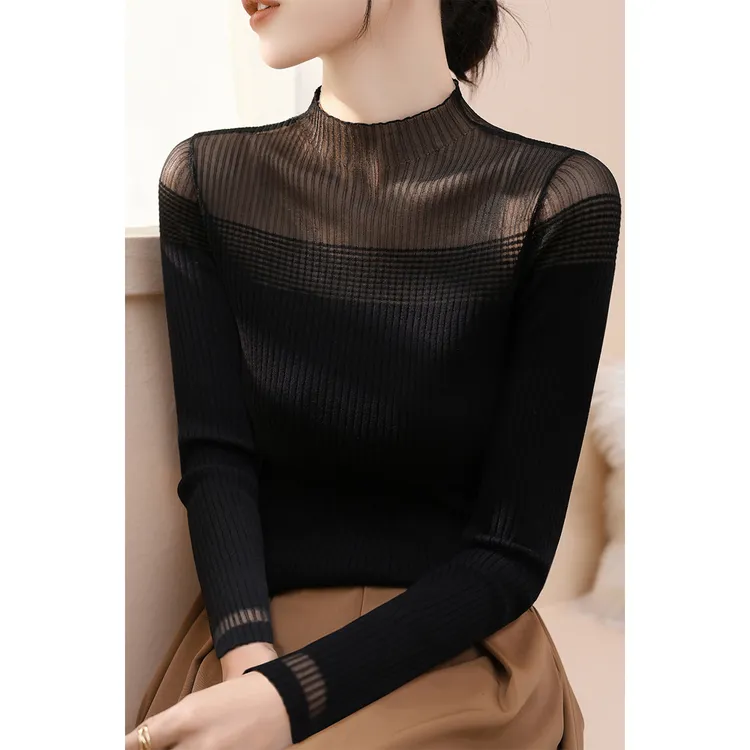 黑色高级感气质蕾丝网纱设计毛衣女半高领长袖修身内搭针织打底衫