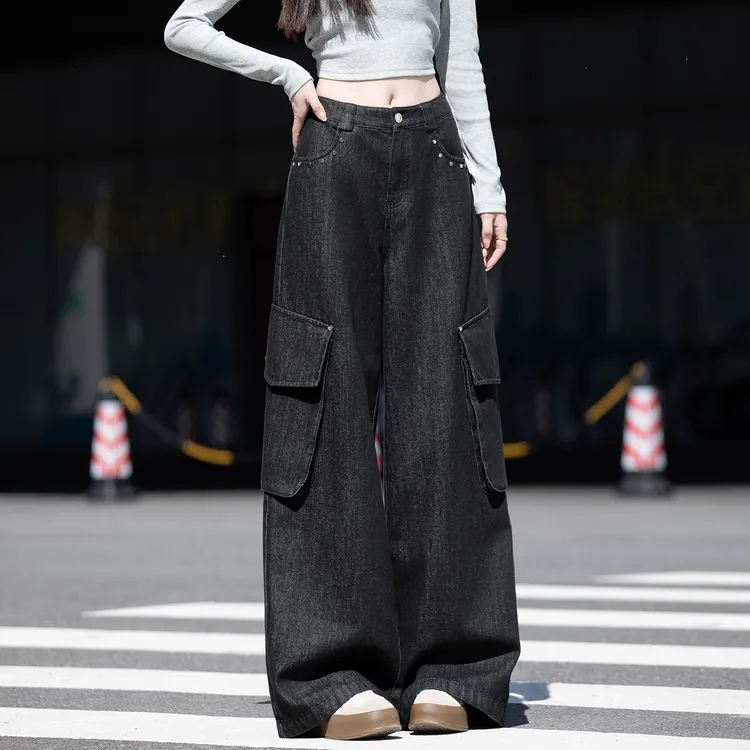 黑色高级感工装裤女款爆款2025新款复古牛仔裤秋冬美式阔腿裤长裤