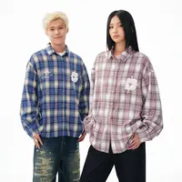 BIPOLAR粉蓝毛绒贴布格纹休闲情侣宽松潮流长袖衬衫 12N006