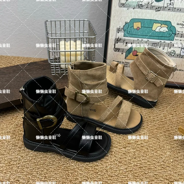 懒懒虫家【沙丘晚风2.0】儿童复古凉靴女童褶皱露趾堆堆靴罗马凉鞋