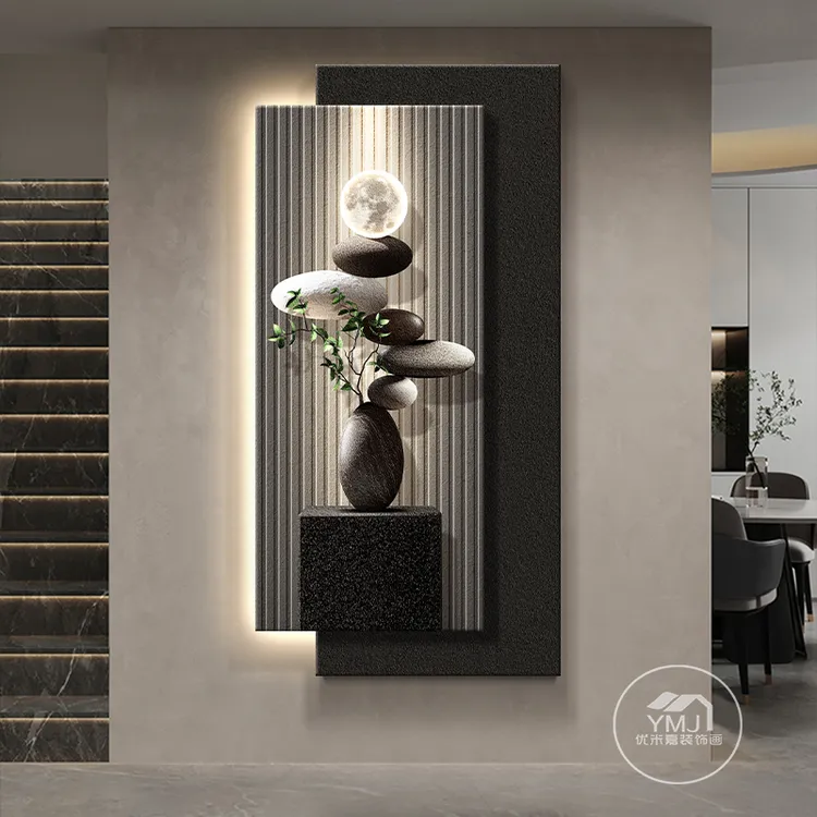 石来运转玄关装饰画现代轻奢寓意好挂画高级感入户正对门墙壁灯画