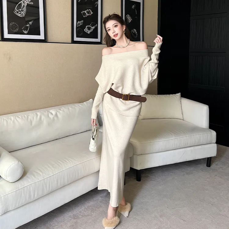 韩版斜肩针织衫两件套设计感露肩针织上衣+高腰半身裙套装配腰带