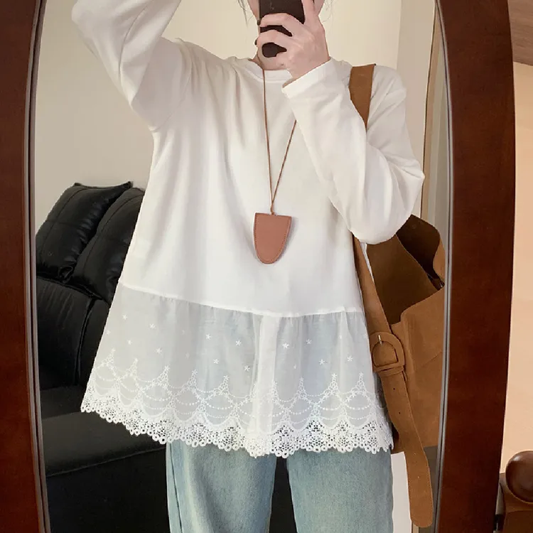 纯棉洋气春秋新款时尚拼接蕾丝花边纯色百搭显瘦减龄休闲打底T恤