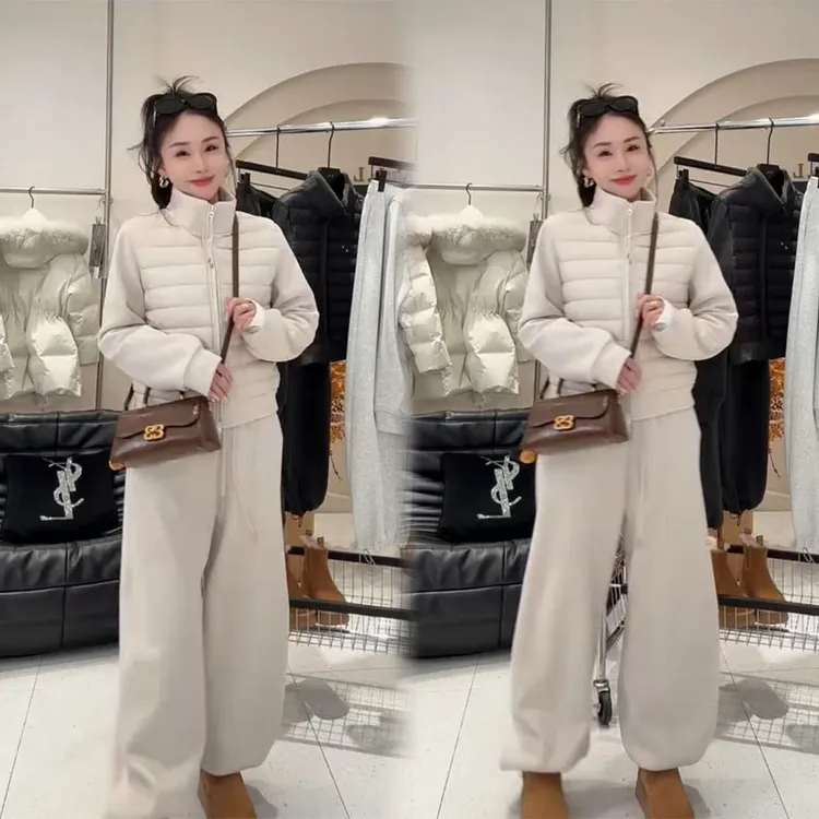 2025冬季新款韩版拼接袖立领排骨棉服外套+松紧腰加绒卫裤两件套
