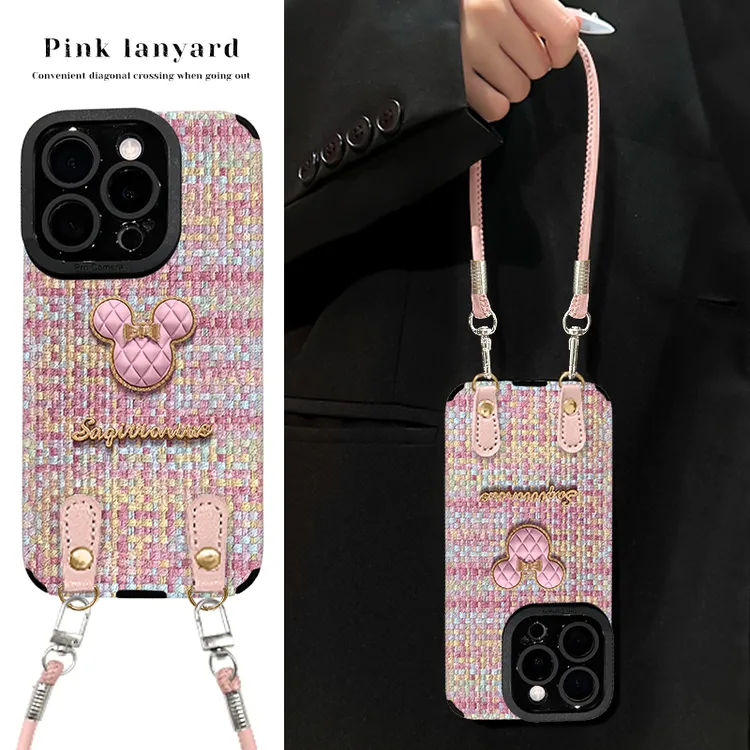格子米奇公仔适用苹果17华为vivo/oppo小米iPhone16pro羊皮手机壳