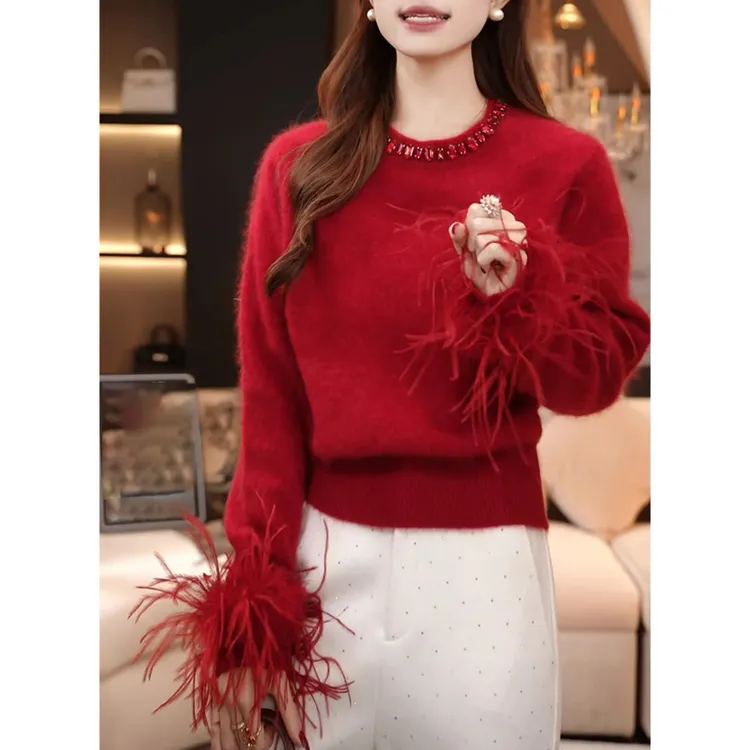 法式设计感重工串钻毛毛袖套头毛衣女秋冬新款小众精致软糯针织衫