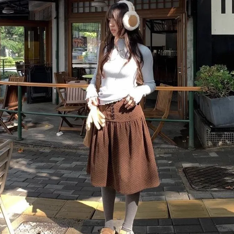 枂秋波点：秋季新款显瘦高腰捏褶蓬蓬灯芯绒伞裙半身裙