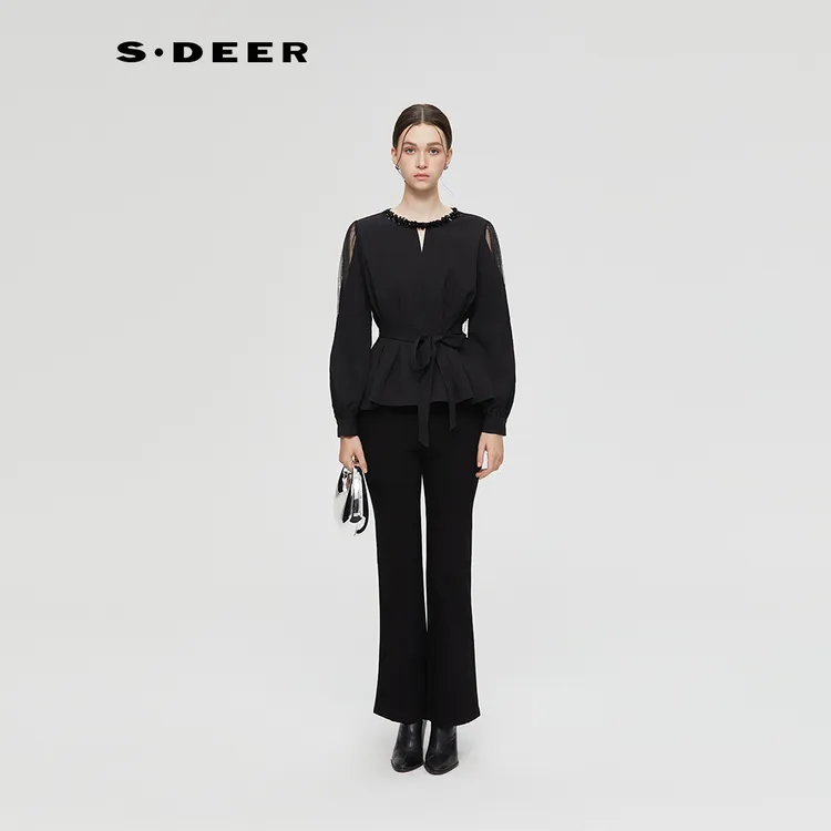 S·DEER圣迪奥女装休闲风秋季气质时尚ins风黑色百搭上衣S253Z0517