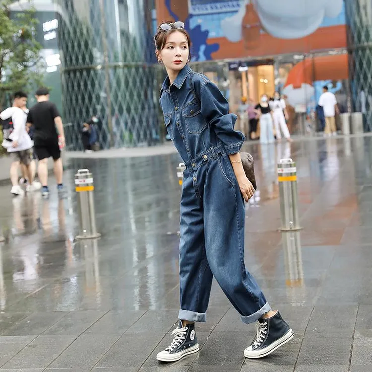 欧货牛仔连身裤女装春季2025新款小个子高端气质高级感工装连身裤