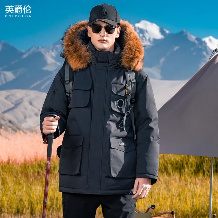 南极寒系大毛领工装羽绒服男女士同款户外连帽中长款派克服YR771