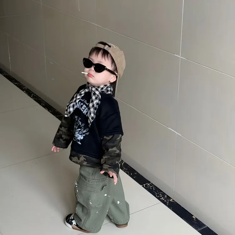 赫一童品papo25深秋加绒儿童迷彩拼接加绒卫衣泼墨工装裤加绒
