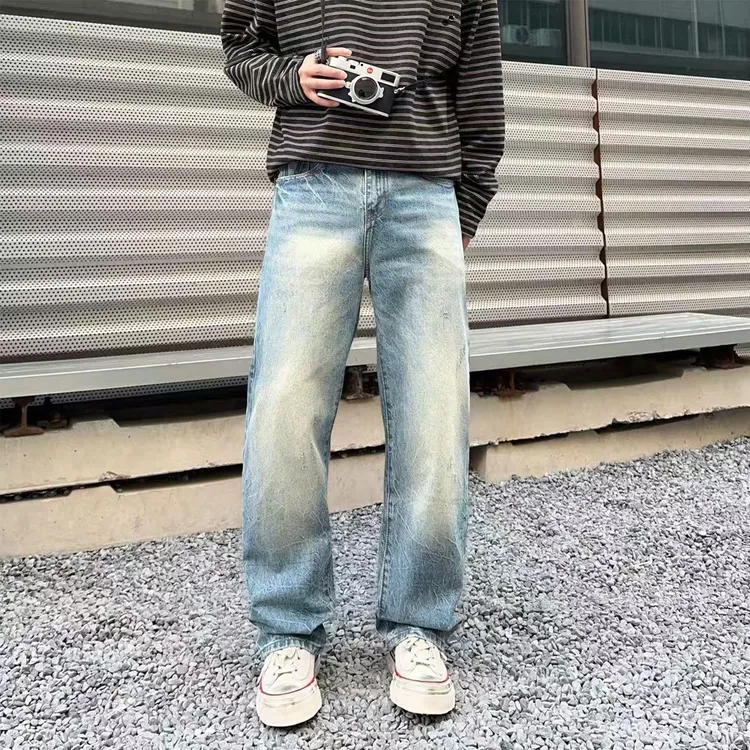复古水洗闪电裂纹猫须牛仔裤男款高品质潮牌高级感做旧宽松直筒裤