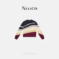 NILICO【琴韵】多色拼接休闲纯棉初秋新款长袖女毛衣