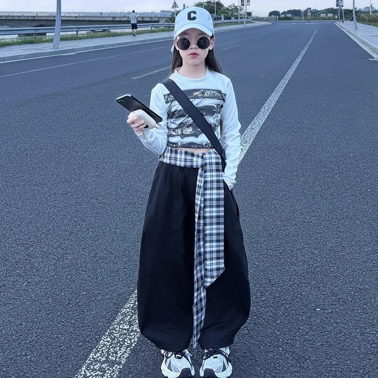 女童两件套2025新款中大童韩版洋气春秋季休闲印花长袖宽松阔腿裤