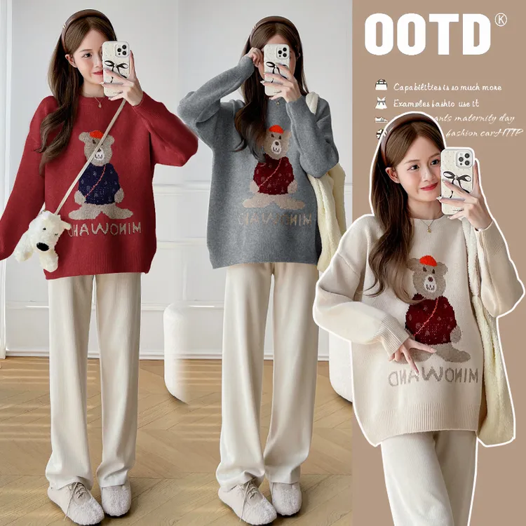 孕妇秋冬装上衣2025新款韩版时尚小熊印花长袖加厚毛衣宽松打底衫