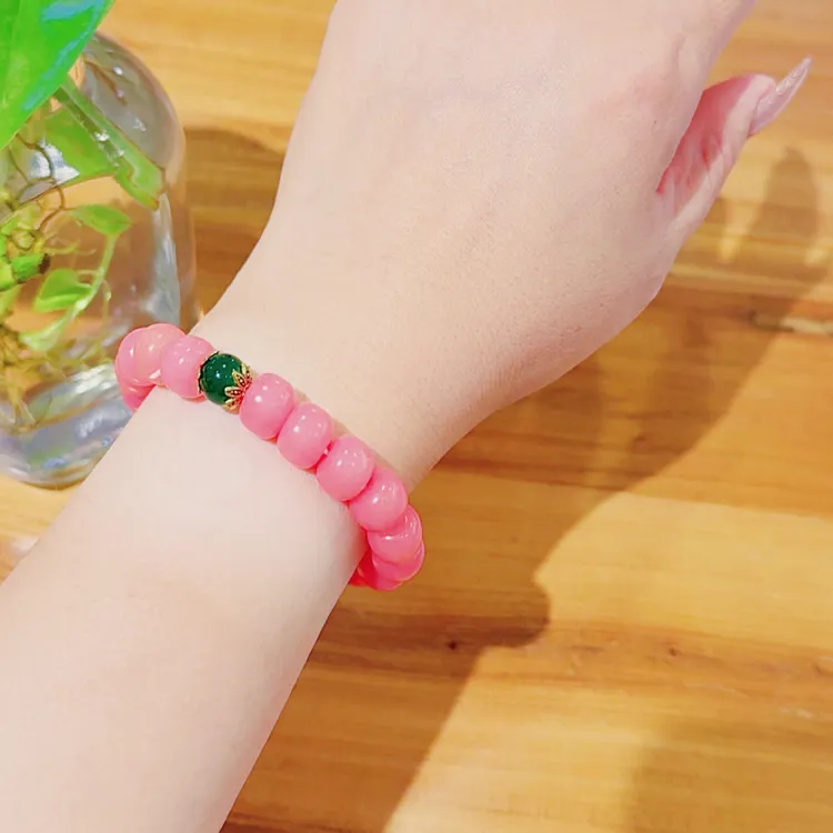 非金属木质手链 HongYanGe新款胭脂粉PT圆珠手串少女风简约手链