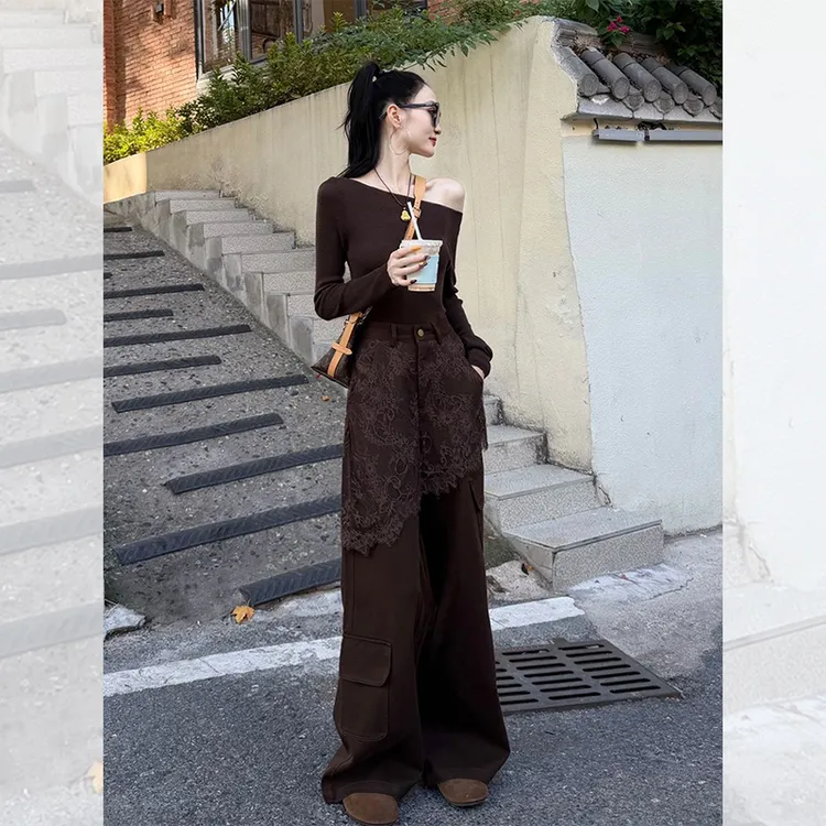 2025新款秋季穿搭ootd一整套小香风咖色长袖T恤阔腿裤两件套装女