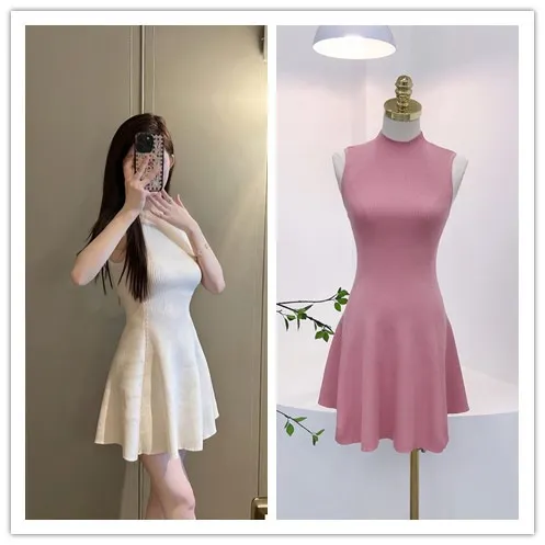 夏季14针冰丝弹力纯欲气质半高领无袖收腰大摆裙A字裙短裙女