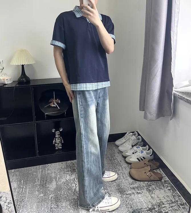 闪电纹复古蓝微喇牛仔裤显高独特潮流男夏季薄款vibe美式高街百搭