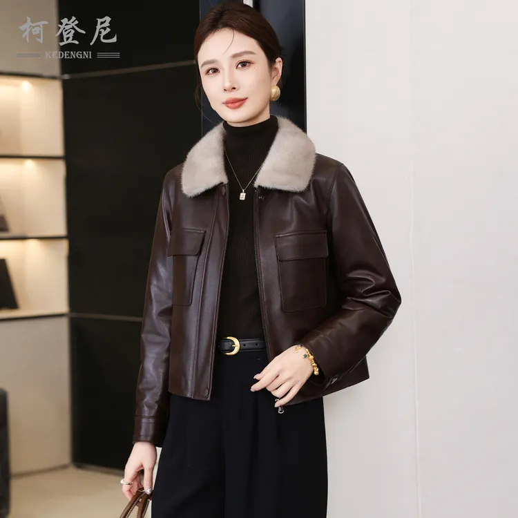 真皮皮衣羽绒服女2025冬新款头层绵羊皮水貂毛领短款夹克妈妈外套