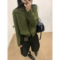 【高领绿咖条纹单排扣开衫】针织衫宽松显瘦休闲时尚百搭