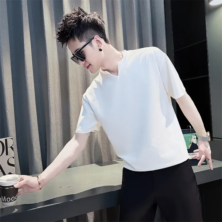 设计感小高领t恤男夏季潮牌ins潮流痞帅条纹短袖2025新款男士半袖