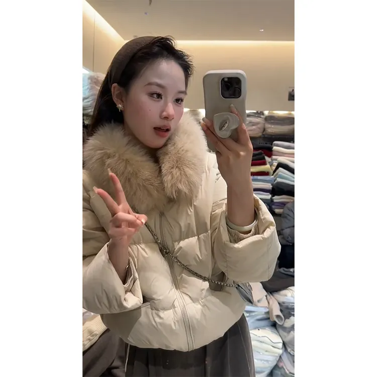 INS CEC韩系千金高级感毛领棉服女冬季新款百搭棉衣面包服外套