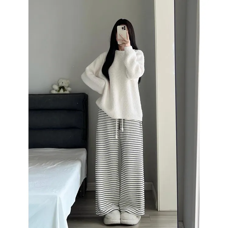 【软糯奶白】半边绒针织睡衣女秋冬高质量洋气休闲宽松家居服套装