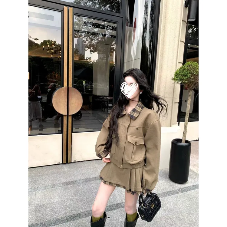 格子拼接毛呢工装短外套/A字显瘦短款半裙秋季复古韩系时尚套装