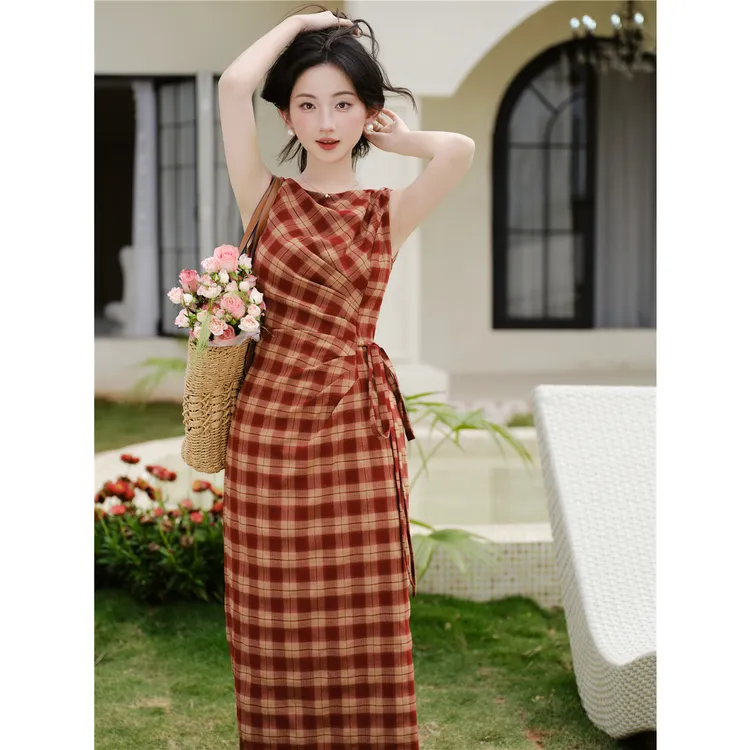 PS现货浪漫复古一字领格纹收腰包臀复古红色连衣裙