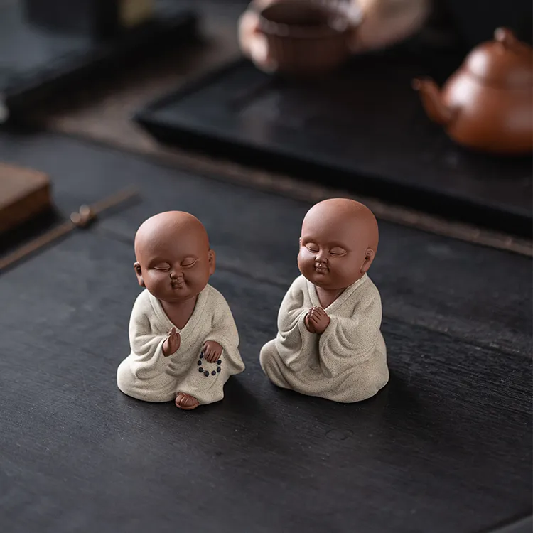 中式禅意紫砂小和尚茶宠摆件陶瓷人物佛系可爱小沙弥茶桌造景摆设