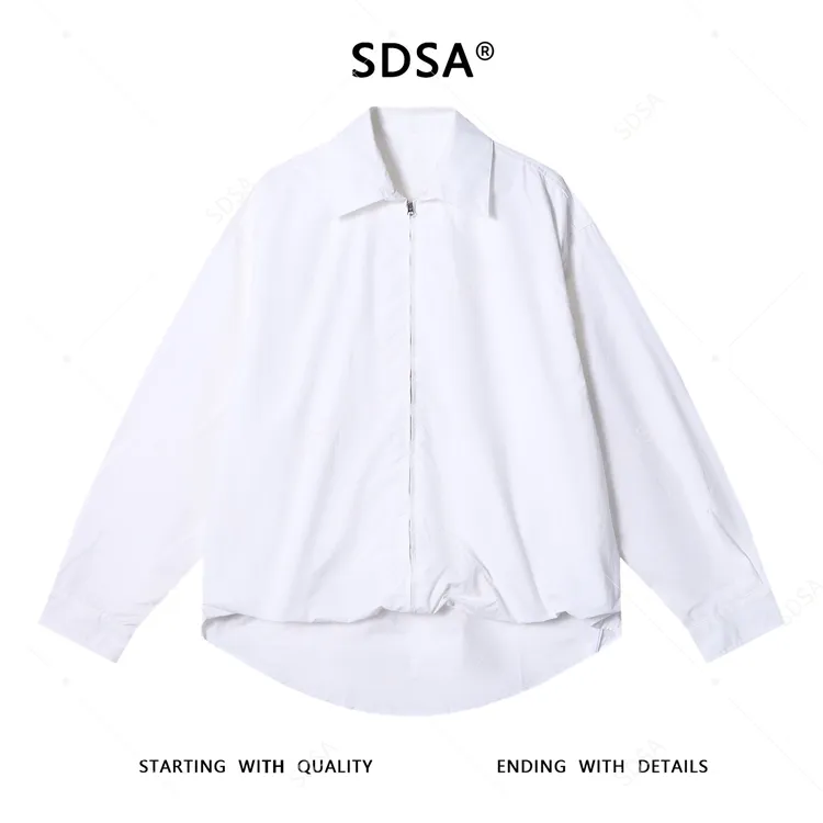 SDSA男士秋冬新款痞帅男装韩版纯色前短后长拉链翻领长袖衬衫百搭