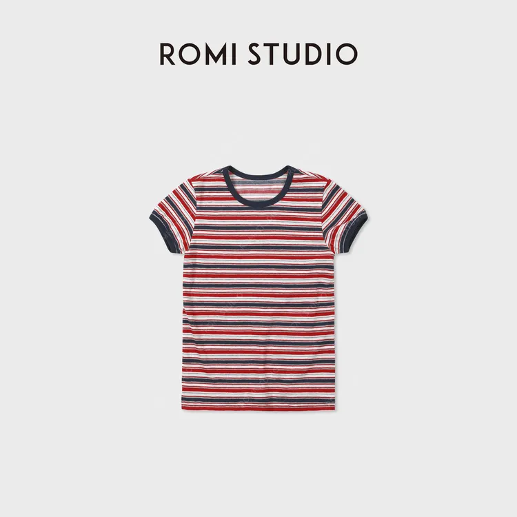 ROMI STUDIO复古四色条纹棉纱轻薄干爽针织圆领短袖T恤RWDRS84101