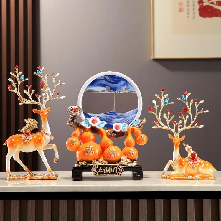 五福临门鹿摆件流沙画轻奢高档电视酒柜玄关艺术沙漏结婚乔迁礼物