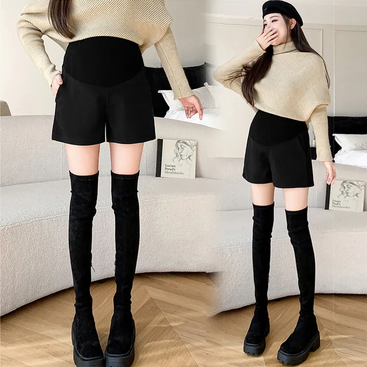 2024秋冬新款黑色托腹毛呢孕妇短裤外穿A字阔腿西装裤高腰打底裤