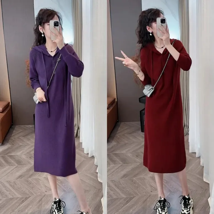 秋冬连帽毛衣针织连衣裙气质直筒连衣裙百搭慵懒新款宽松连衣裙