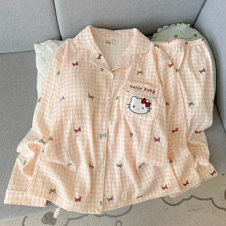 长袖长裤家居服韩版翻领开衫卡通凯蒂猫格子云朵棉纱带胸垫睡衣女