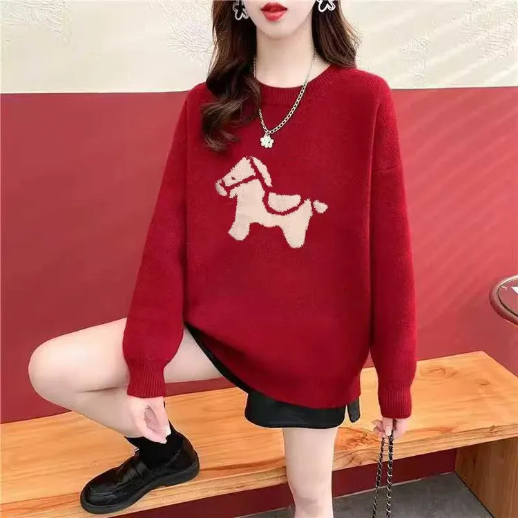 专柜红色毛衣女2026新款秋冬马年圣诞节本命年宽松针织打底衫上衣