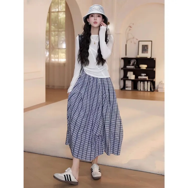 新款纯色蕾丝花边长袖T恤百搭不规则格子半身裙气质套…