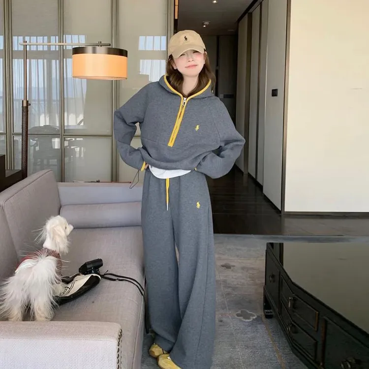 小马刺绣灰色慵懒风连帽卫衣套装女2025春秋休闲显瘦两件套