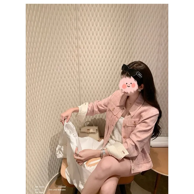 2025新款春秋韩版设计感明线撞色苎麻短外套女短款小个子夹克上衣