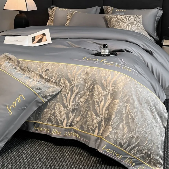 水星家纺全棉四件套简约轻奢纯色机洗纯棉绣花高档欧式套联名优品