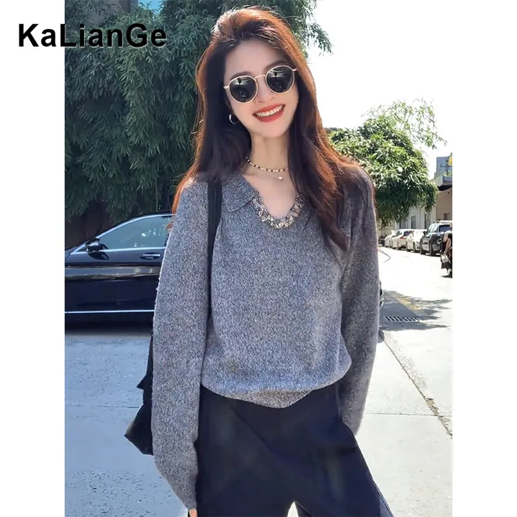 卡莲格/高级感Polo翻领套头毛衣女秋季显瘦设计感针织打底衫上衣