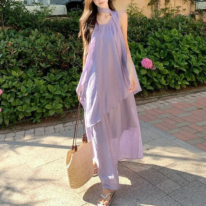 清冷风女设计感宽松紫色飘带无袖上衣不规则吊带连衣裙飘带两件套