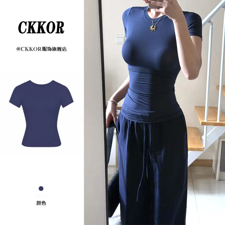 CKKOR夏季正肩短款短袖t恤女收腰显瘦辣妹瑜伽服设计感运动风上衣商品图