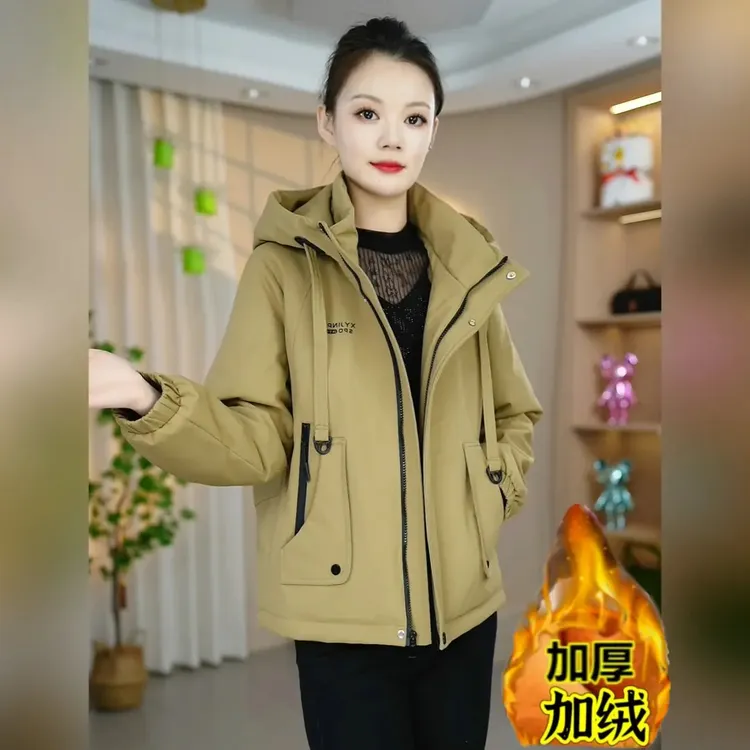 俞兆林冬季新款长袖加绒加厚防风百搭时尚休闲减龄连帽妈妈外套