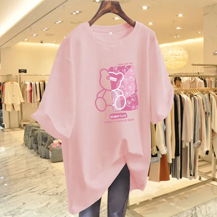 小熊夏季短袖t恤女中长款2025新款宽松纯棉韩版圆领洋气印花上衣